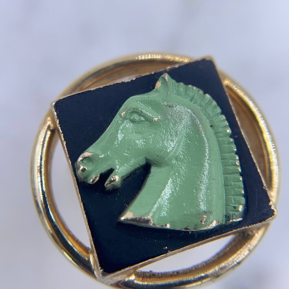 Vintage Men Gold Black Green 3D Horse Head Equestrian Cufflinks + Tie Clasp Clip - Picture 3 of 9